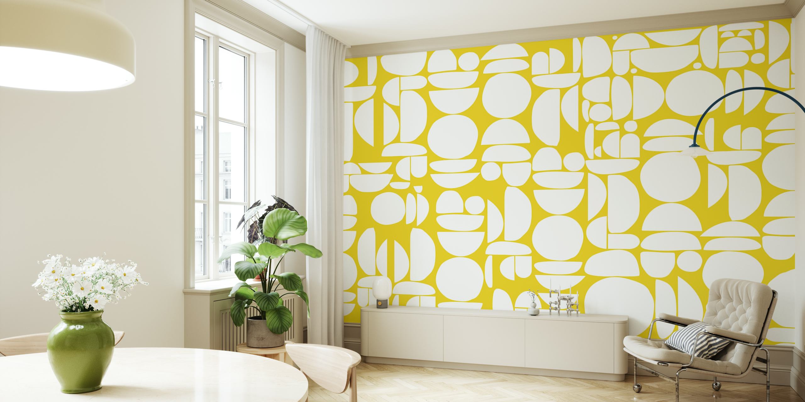 Geometric white shapes on a yellow background wallpaper
